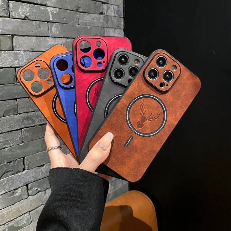 Luxury iPhone Case MagSafe Compatible Genuine Deer Leather Shockproof Protective Cover Bumper Frame Camera Lens Protection Slim Design