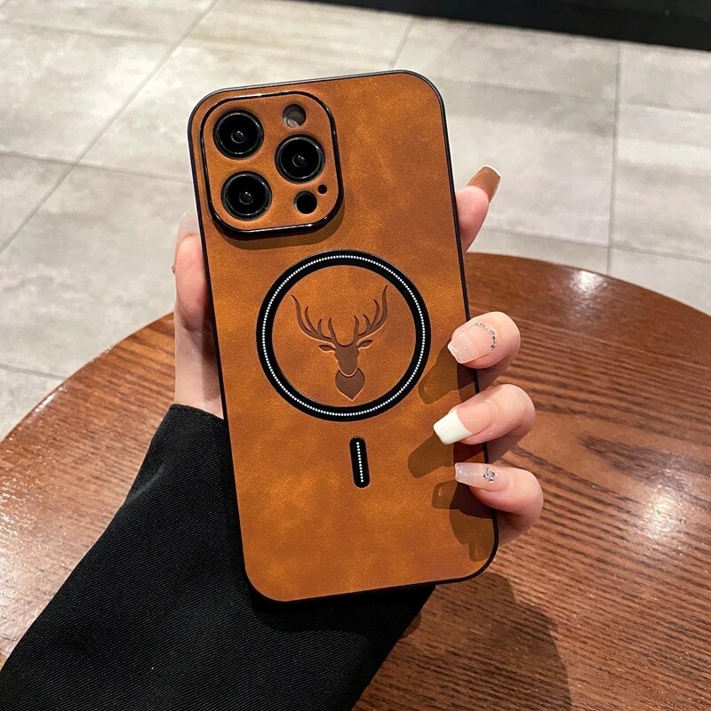 Luxury iPhone Case MagSafe Compatible Genuine Deer Leather Shockproof Protective Cover Bumper Frame Camera Lens Protection Slim Design