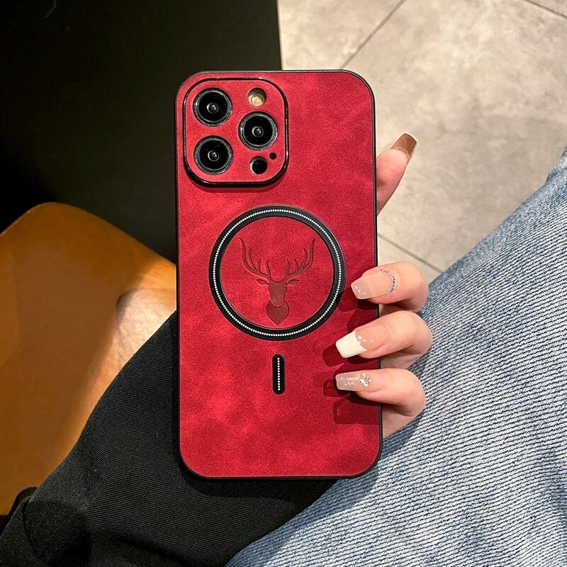 Luxury iPhone Case MagSafe Compatible Genuine Deer Leather Shockproof Protective Cover Bumper Frame Camera Lens Protection Slim Design