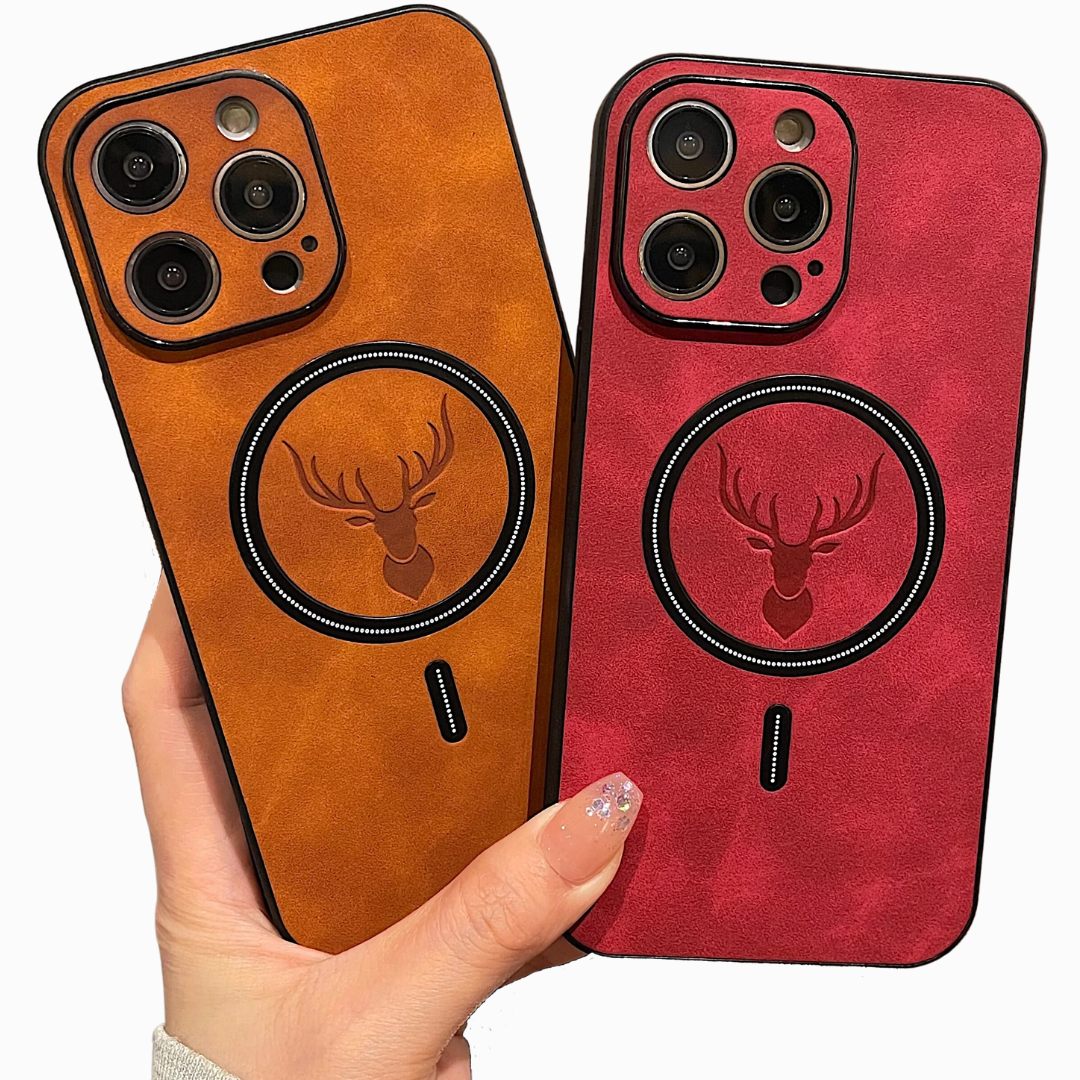 Luxury iPhone Case MagSafe Compatible Genuine Deer Leather Shockproof Protective Cover Bumper Frame Camera Lens Protection Slim Design