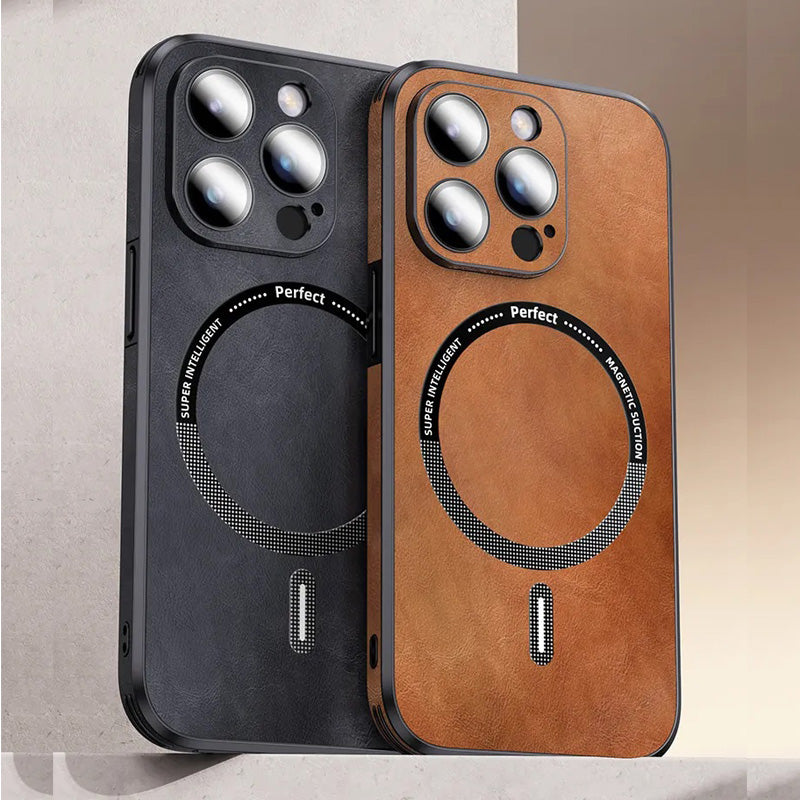 Luxury iPhone Case MagSafe Compatible Genuine Leather Shockproof Protective Cover Camera Lens Protection Magnetic Slim Design