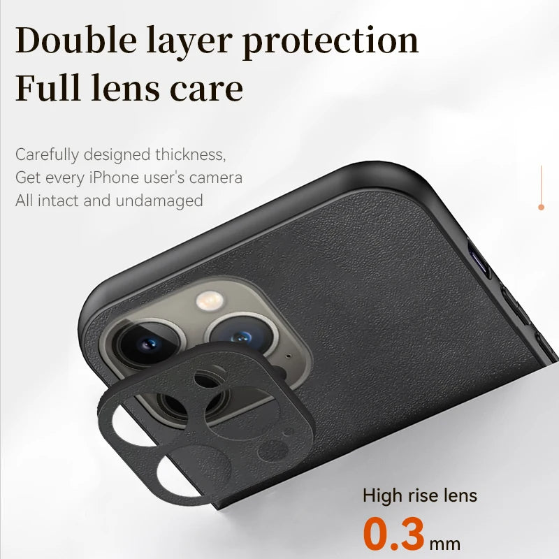 Luxury iPhone Case MagSafe Compatible Genuine Leather Shockproof Protective Cover Camera Lens Protection Magnetic Slim Design