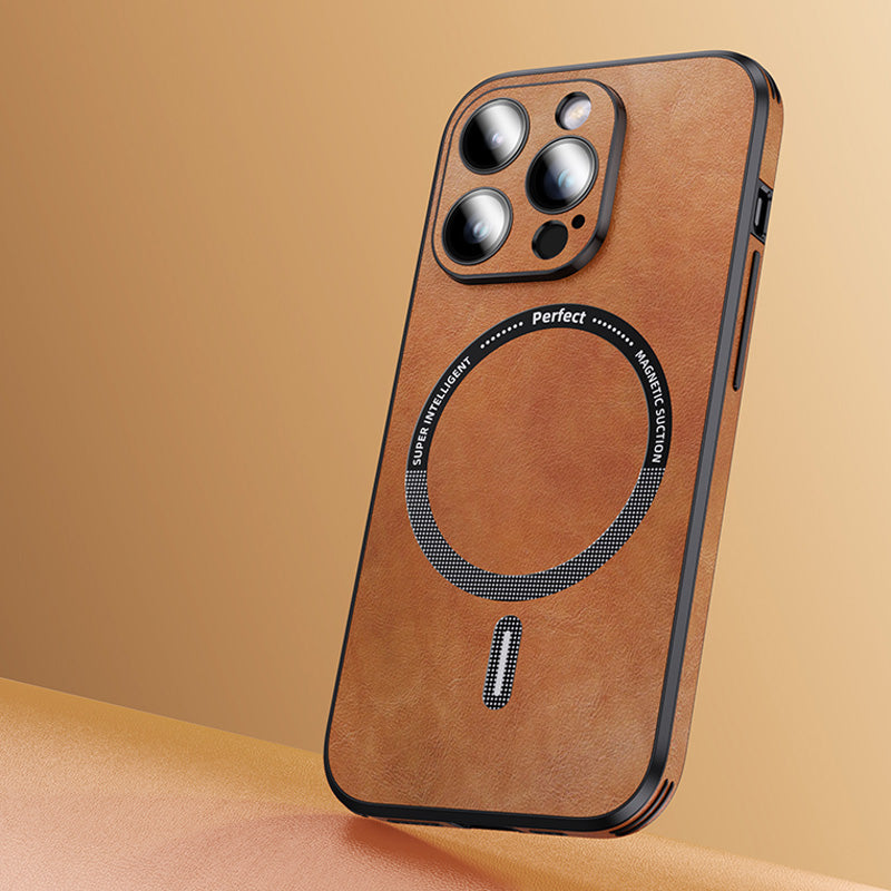 Luxury iPhone Case MagSafe Compatible Genuine Leather Shockproof Protective Cover Camera Lens Protection Magnetic Slim Design