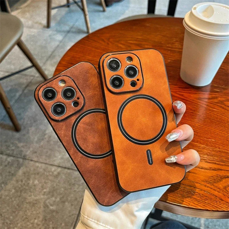 Luxury iPhone Case MagSafe Compatible Genuine Leather Shockproof Protective Cover Camera Lens Protection Magnetic Slim Design