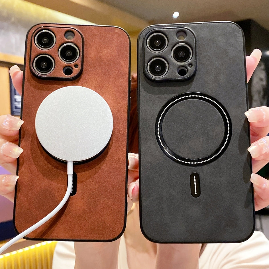 Luxury iPhone Case MagSafe Compatible Genuine Leather Shockproof Protective Cover Camera Lens Protection Magnetic Slim Design