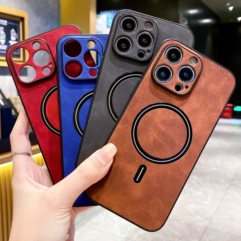 Luxury iPhone Case MagSafe Compatible Genuine Leather Shockproof Protective Cover Camera Lens Protection Magnetic Slim Design
