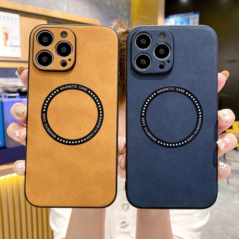 Luxury iPhone Case MagSafe Compatible Genuine Leather Shockproof Protective Cover Camera Lens Protection Magnetic Slim Design