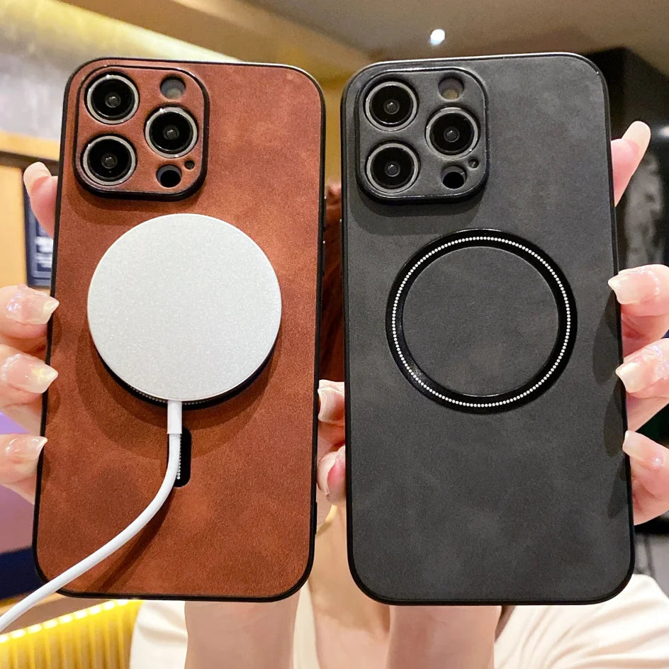 Luxury iPhone Case MagSafe Compatible Genuine Leather Shockproof Protective Cover Camera Lens Protection Magnetic Slim Design