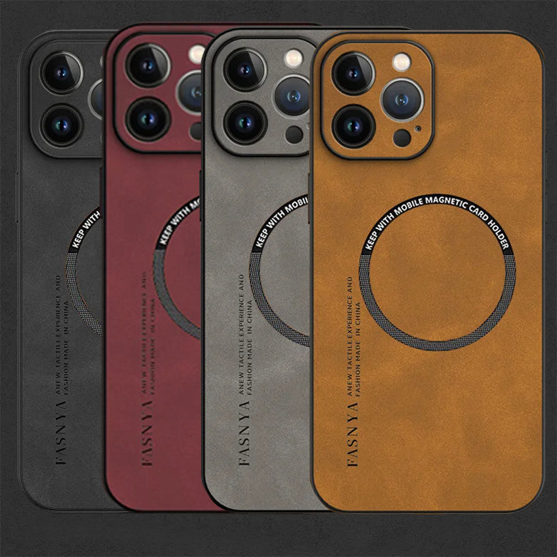 Luxury iPhone Case MagSafe Compatible Genuine Leather Shockproof Protective Cover Camera Lens Protection Magnetic Slim Design