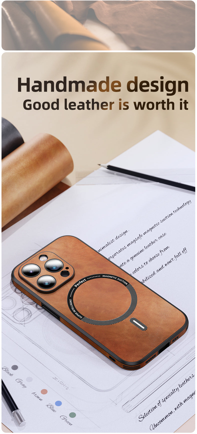 Luxury iPhone Case MagSafe Compatible Genuine Leather Shockproof Protective Cover Camera Lens Protection Magnetic Slim Design
