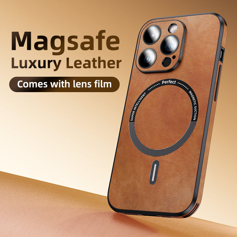 Luxury iPhone Case MagSafe Compatible Genuine Leather Shockproof Protective Cover Camera Lens Protection Magnetic Slim Design