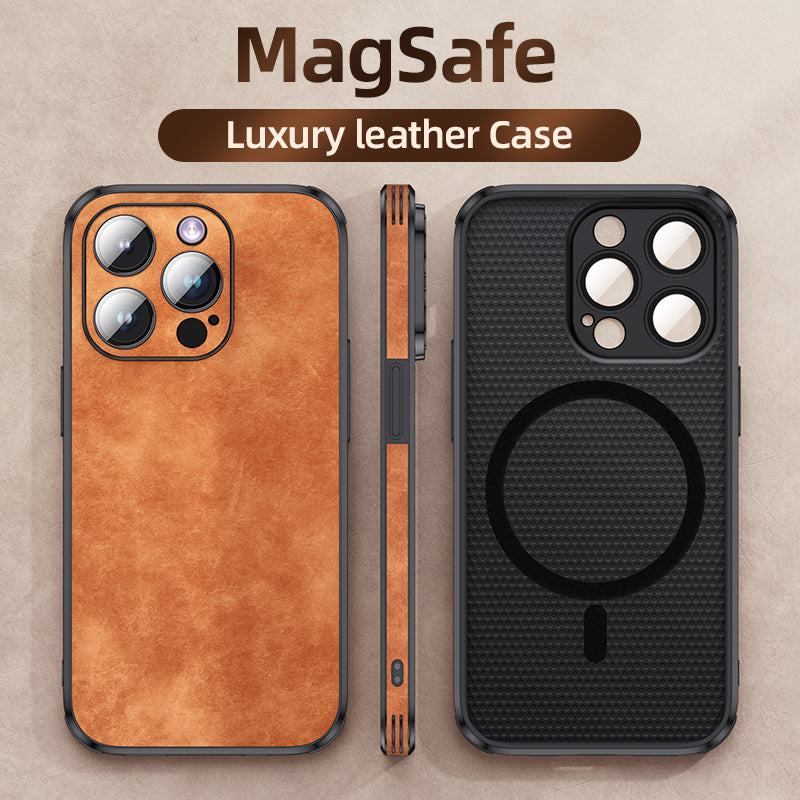 Luxury iPhone Case MagSafe Compatible Genuine Leather Shockproof Protective Cover Camera Lens Protection Slim Design