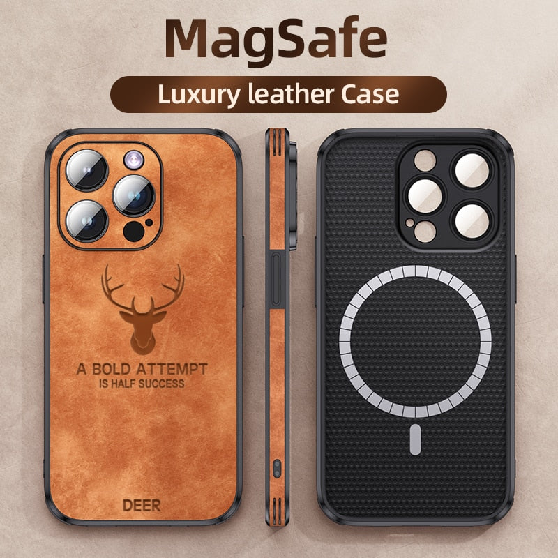 Luxury iPhone Case MagSafe Compatible Genuine Leather Vintage Texture Shockproof Protective Cover Camera Lens Protection Slim Design