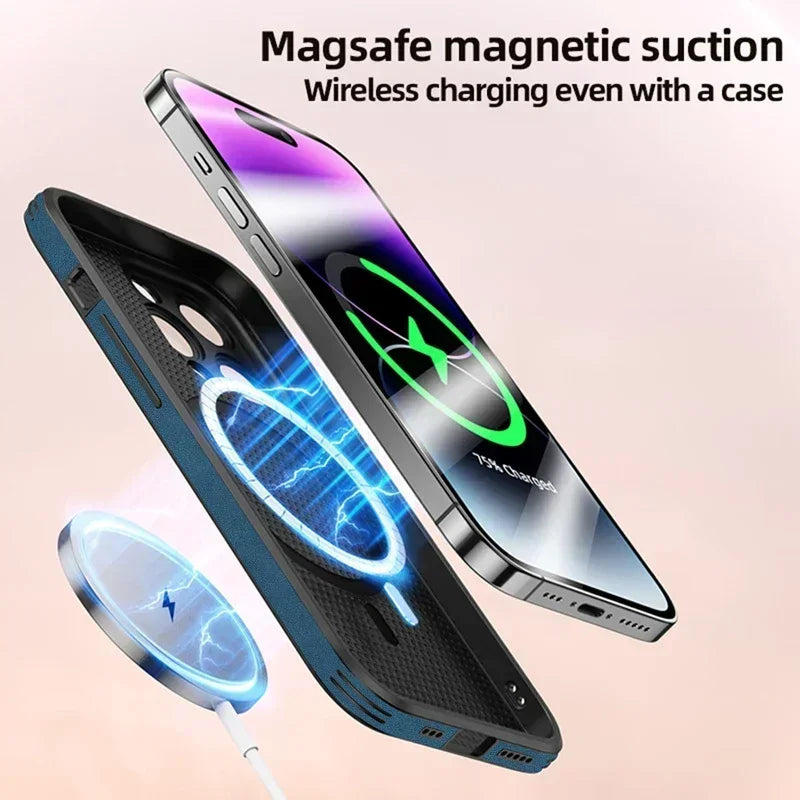Luxury iPhone Case MagSafe Compatible Genuine Leather Vintage Texture Shockproof Protective Cover Camera Lens Protection Slim Design