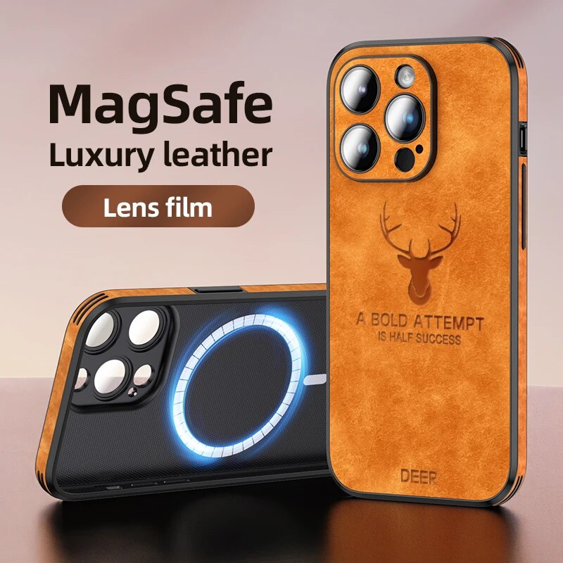 Luxury iPhone Case MagSafe Compatible Genuine Leather Vintage Texture Shockproof Protective Cover Camera Lens Protection Slim Design