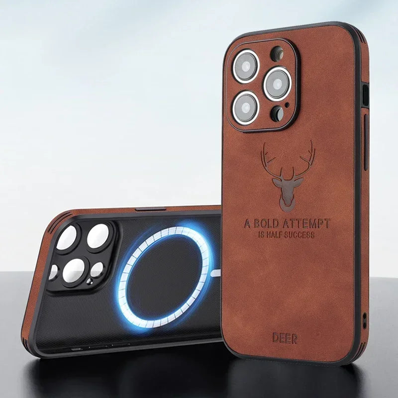 Luxury iPhone Case MagSafe Compatible Genuine Leather Vintage Texture Shockproof Protective Cover Camera Lens Protection Slim Design