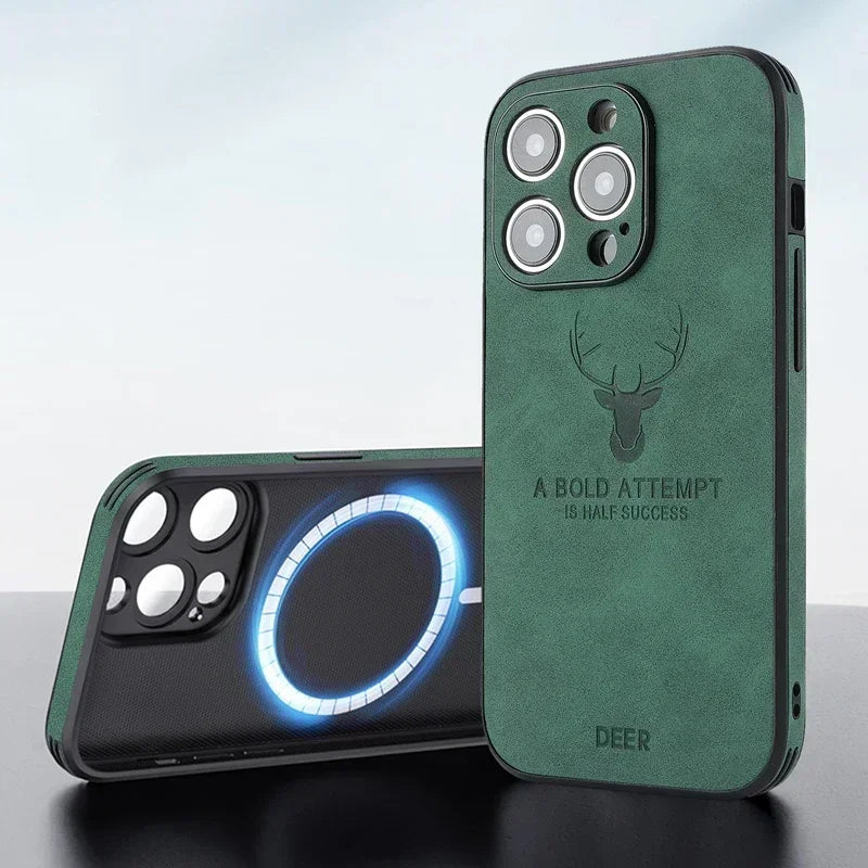 Luxury iPhone Case MagSafe Compatible Genuine Leather Vintage Texture Shockproof Protective Cover Camera Lens Protection Slim Design
