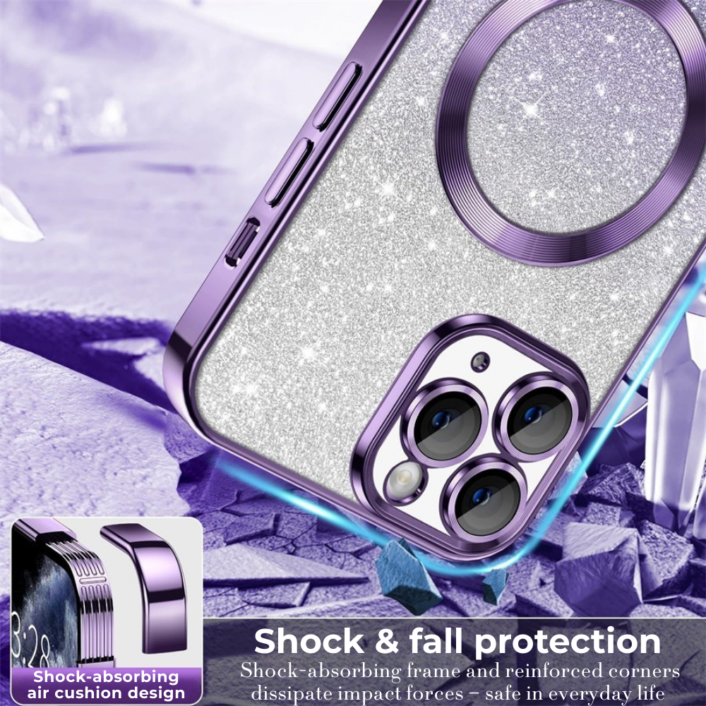 Luxury iPhone Case MagSafe Compatible Gradient Glitter Crossbody Strap Shockproof TPU Protective Cover Camera Lens Protection Slim Design