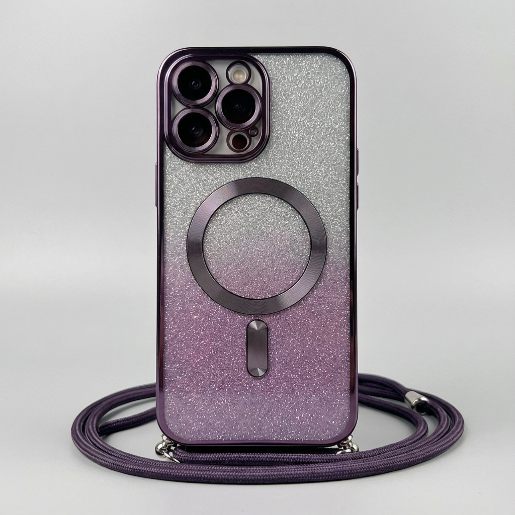 Luxury iPhone Case MagSafe Compatible Gradient Glitter Crossbody Strap Shockproof TPU Protective Cover Camera Lens Protection Slim Design