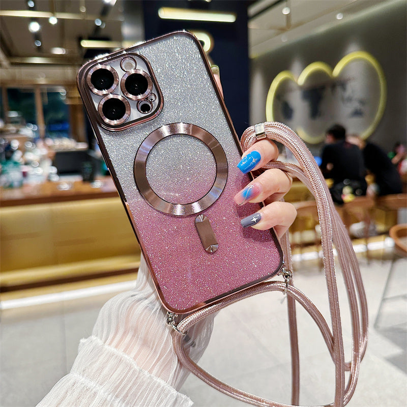 Luxury iPhone Case MagSafe Compatible Gradient Glitter Crossbody Strap Shockproof TPU Protective Cover Camera Lens Protection Slim Design