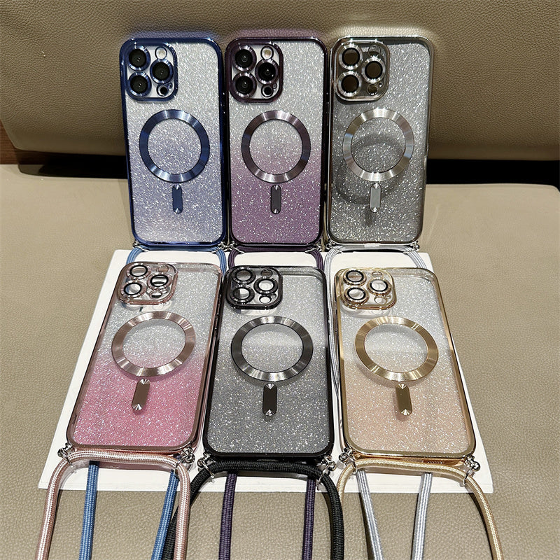 Luxury iPhone Case MagSafe Compatible Gradient Glitter Crossbody Strap Shockproof TPU Protective Cover Camera Lens Protection Slim Design