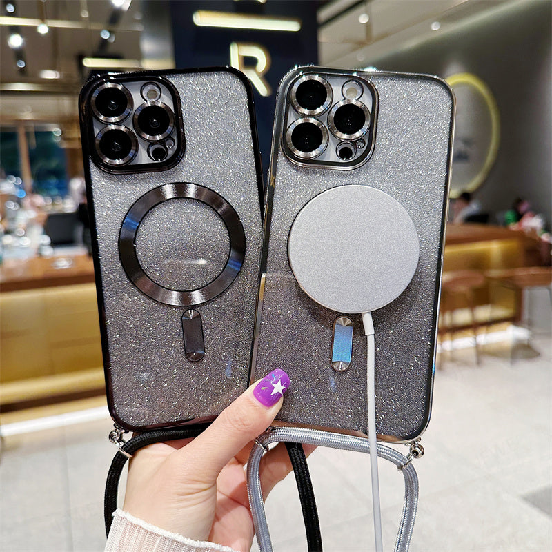 Luxury iPhone Case MagSafe Compatible Gradient Glitter Crossbody Strap Shockproof TPU Protective Cover Camera Lens Protection Slim Design