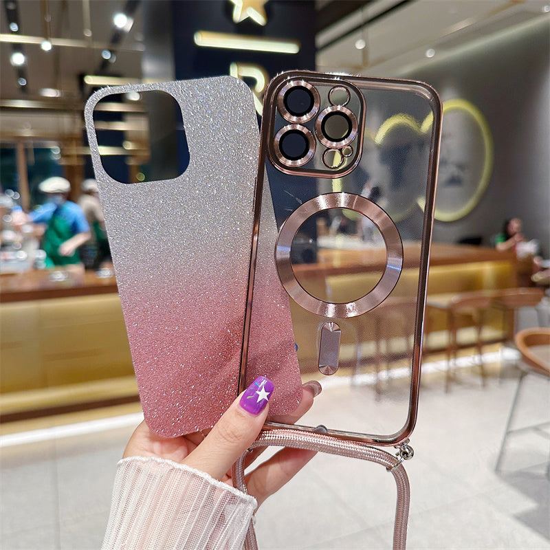 Luxury iPhone Case MagSafe Compatible Gradient Glitter Crossbody Strap Shockproof TPU Protective Cover Camera Lens Protection Slim Design