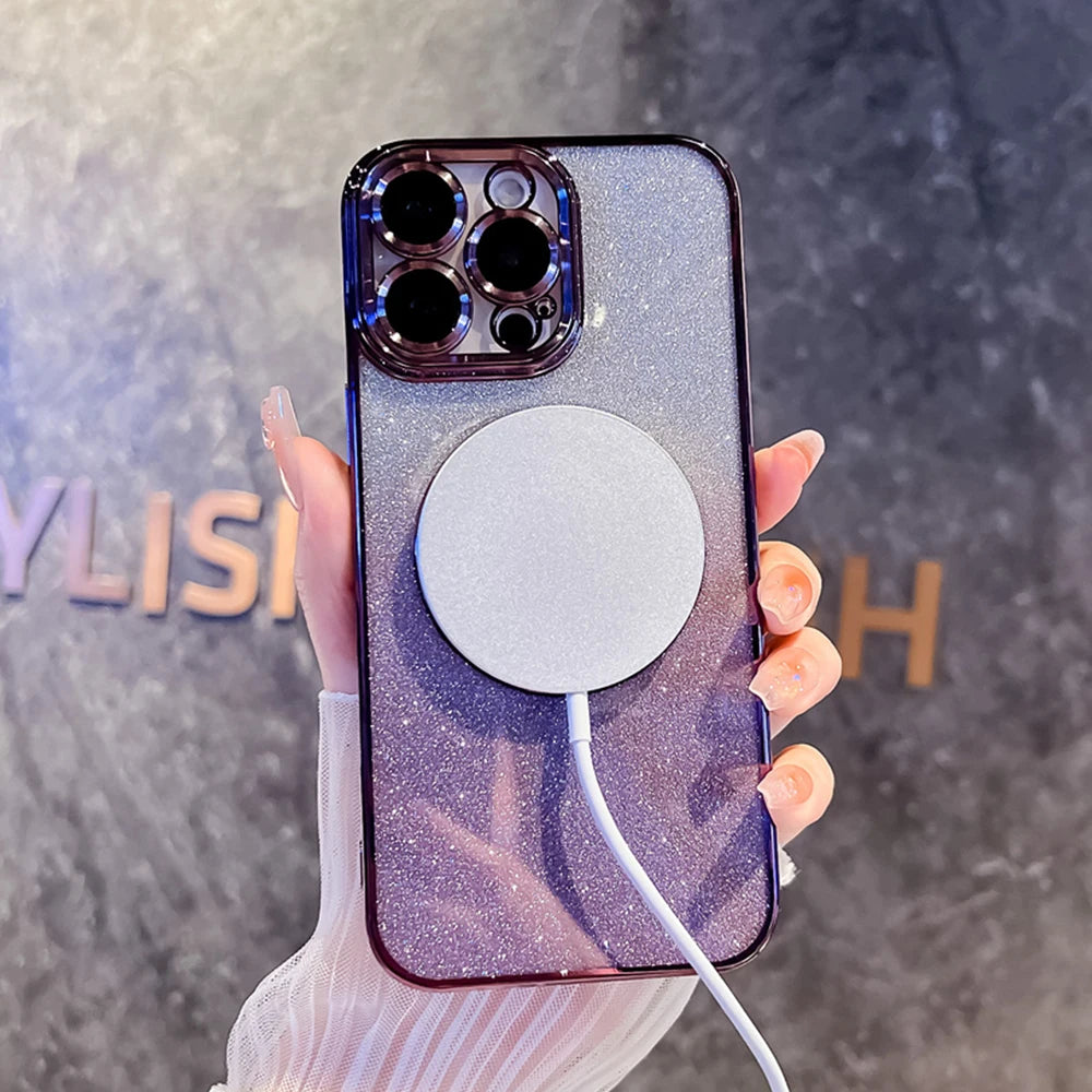 Luxury iPhone Case MagSafe Compatible Gradient Glitter Crossbody Strap Shockproof TPU Protective Cover Camera Lens Protection Slim Design