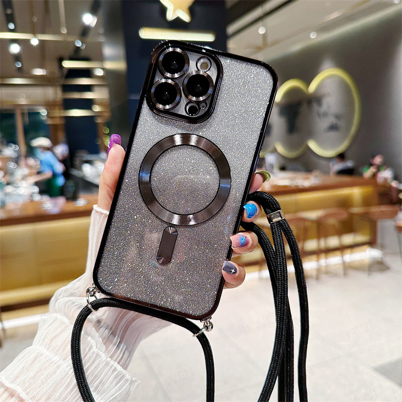 Luxury iPhone Case MagSafe Compatible Gradient Glitter Crossbody Strap Shockproof TPU Protective Cover Camera Lens Protection Slim Design