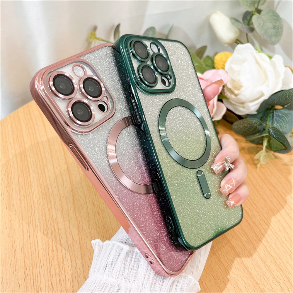 Luxury iPhone Case MagSafe Compatible Gradient Glitter Crossbody Strap Shockproof TPU Protective Cover Camera Lens Protection Slim Design