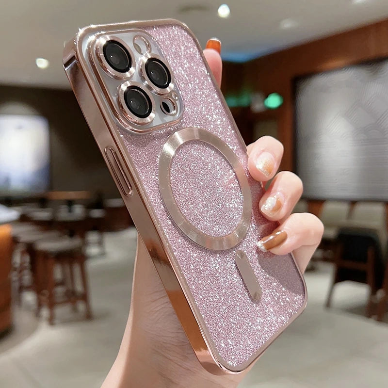 Luxury iPhone Case MagSafe Compatible Gradient Glitter Crossbody Strap Shockproof TPU Protective Cover Camera Lens Protection Slim Design