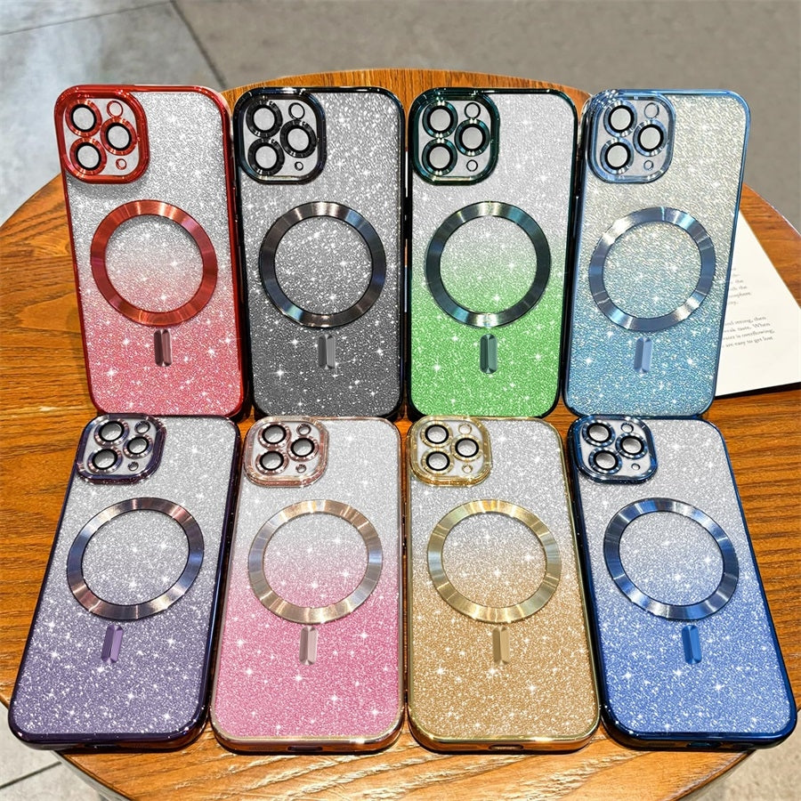 Luxury iPhone Case MagSafe Compatible Gradient Glitter Crossbody Strap Shockproof TPU Protective Cover Camera Lens Protection Slim Design