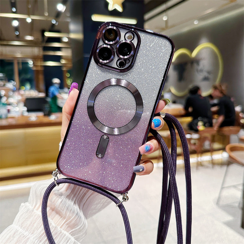 Luxury iPhone Case MagSafe Compatible Gradient Glitter Crossbody Strap Shockproof TPU Protective Cover Camera Lens Protection Slim Design