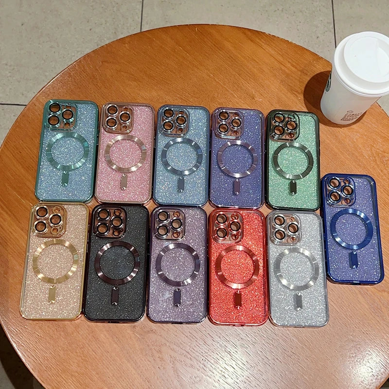 Luxury iPhone Case MagSafe Compatible Gradient Glitter Crossbody Strap Shockproof TPU Protective Cover Camera Lens Protection Slim Design