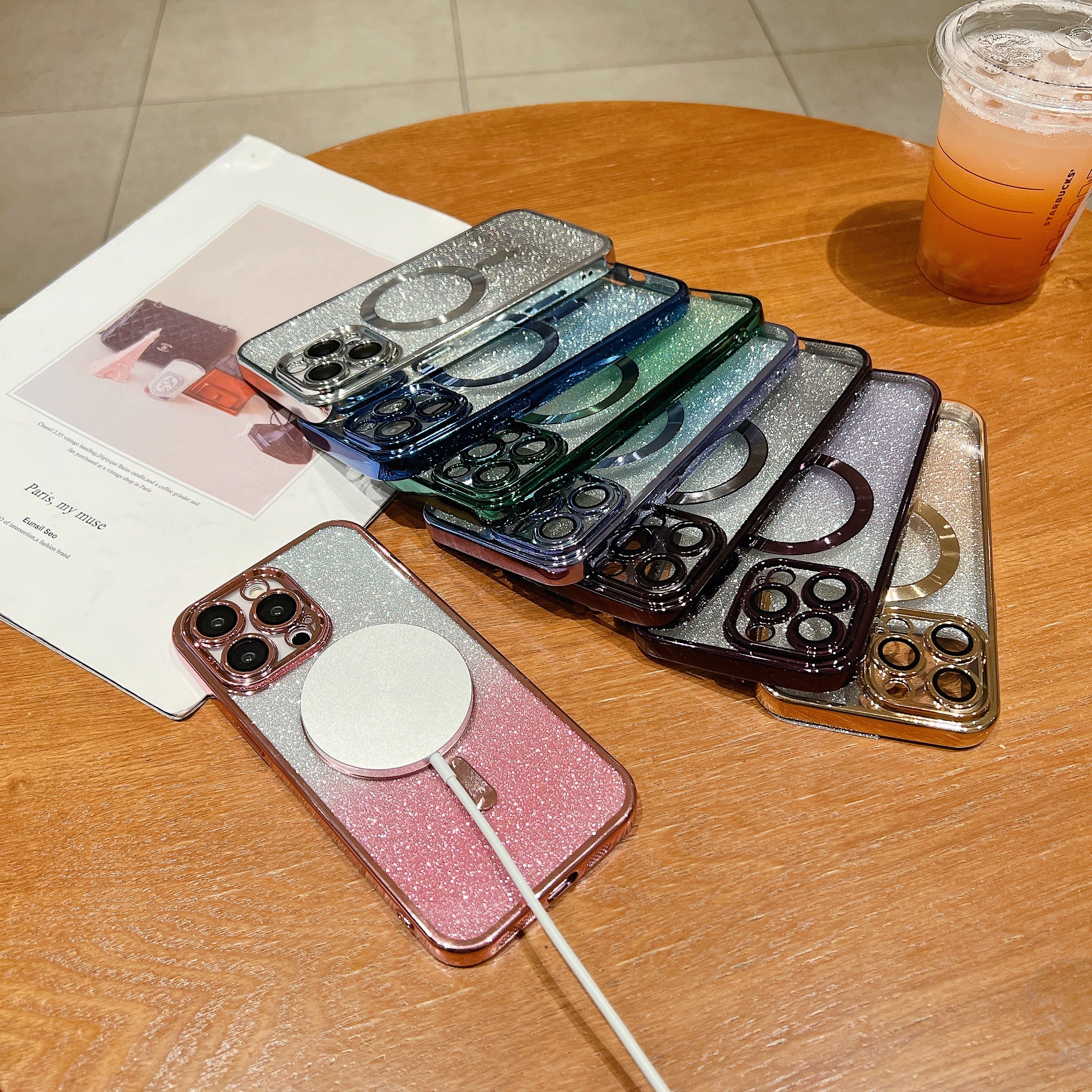Luxury iPhone Case MagSafe Compatible Gradient Glitter Crossbody Strap Shockproof TPU Protective Cover Camera Lens Protection Slim Design