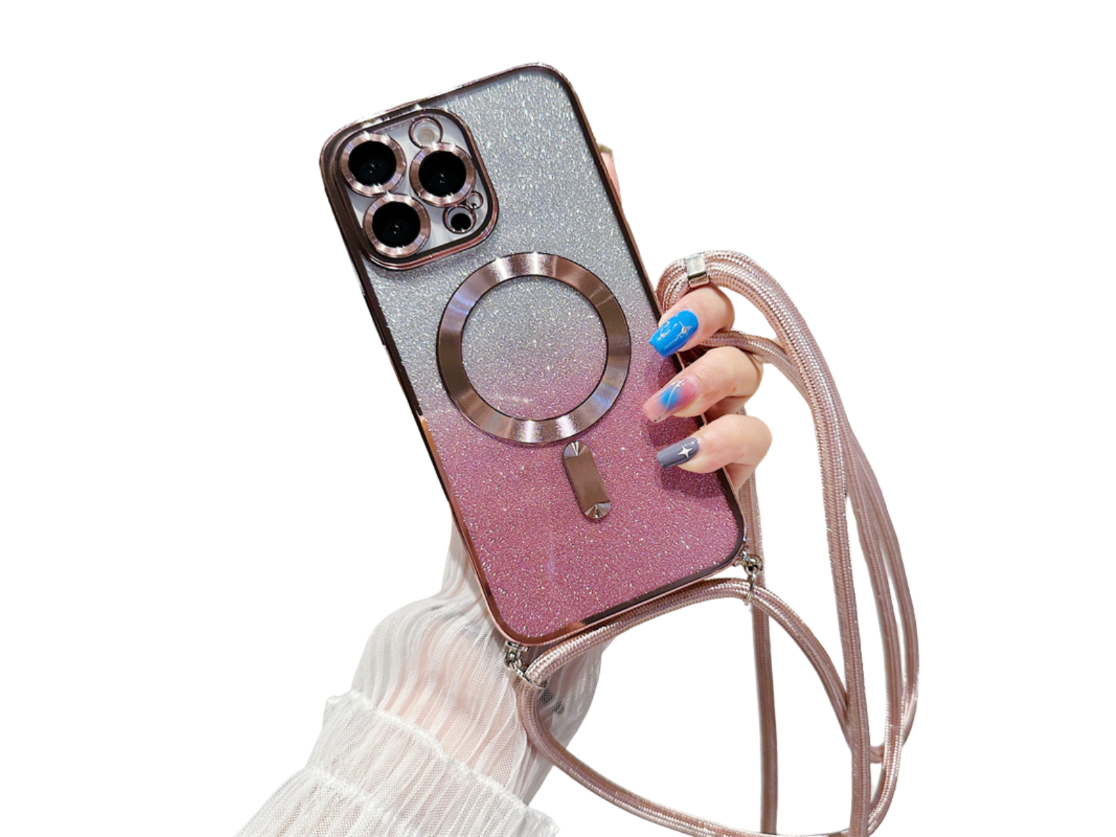 Luxury iPhone Case MagSafe Compatible Gradient Glitter Crossbody Strap Shockproof TPU Protective Cover Camera Lens Protection Slim Design