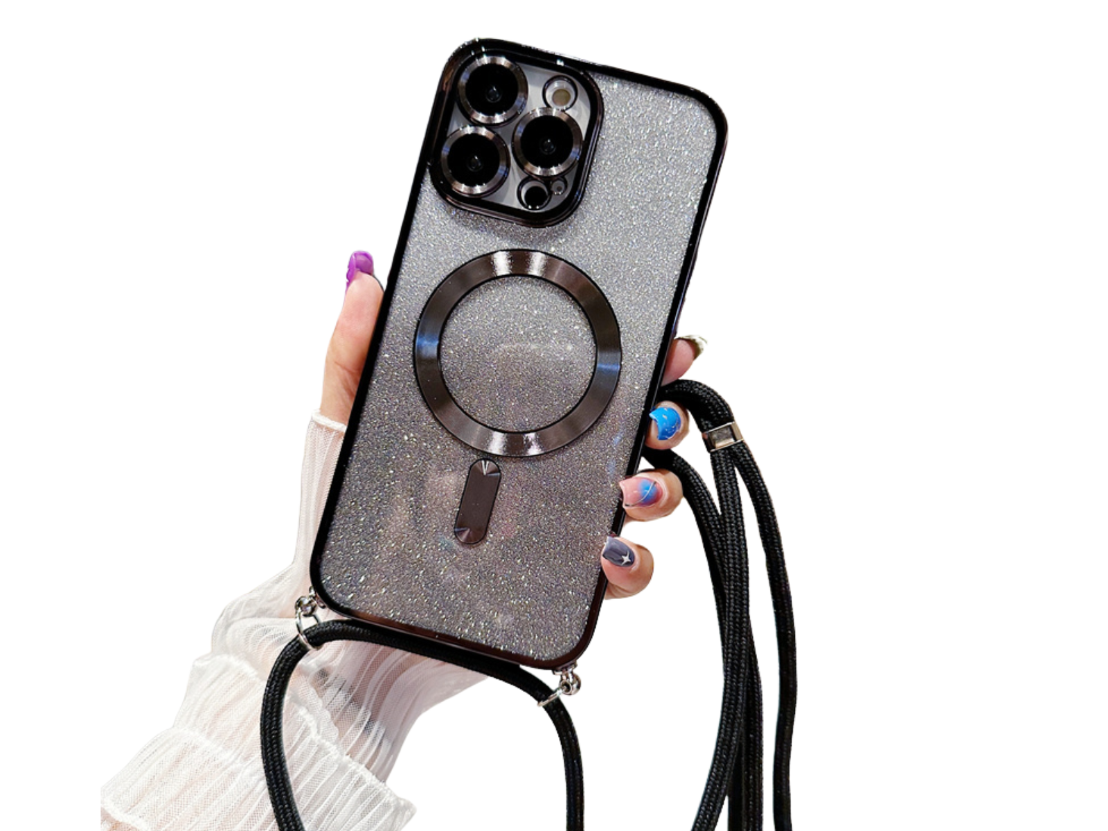 Luxury iPhone Case MagSafe Compatible Gradient Glitter Crossbody Strap Shockproof TPU Protective Cover Camera Lens Protection Slim Design