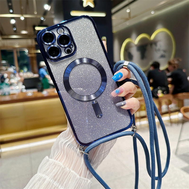 Luxury iPhone Case MagSafe Compatible Gradient Glitter Crossbody Strap Shockproof TPU Protective Cover Camera Lens Protection Slim Design