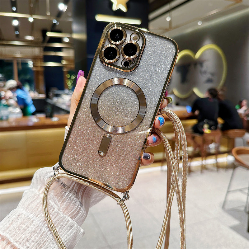 Luxury iPhone Case MagSafe Compatible Gradient Glitter Crossbody Strap Shockproof TPU Protective Cover Camera Lens Protection Slim Design