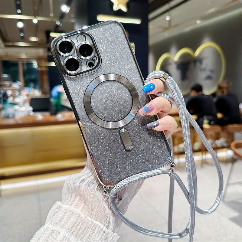 Luxury iPhone Case MagSafe Compatible Gradient Glitter Crossbody Strap Shockproof TPU Protective Cover Camera Lens Protection Slim Design