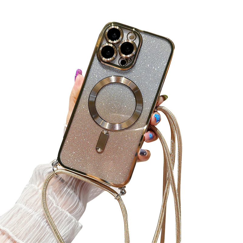 Luxury iPhone Case MagSafe Compatible Gradient Glitter Crossbody Strap Shockproof TPU Protective Cover Camera Lens Protection Slim Design