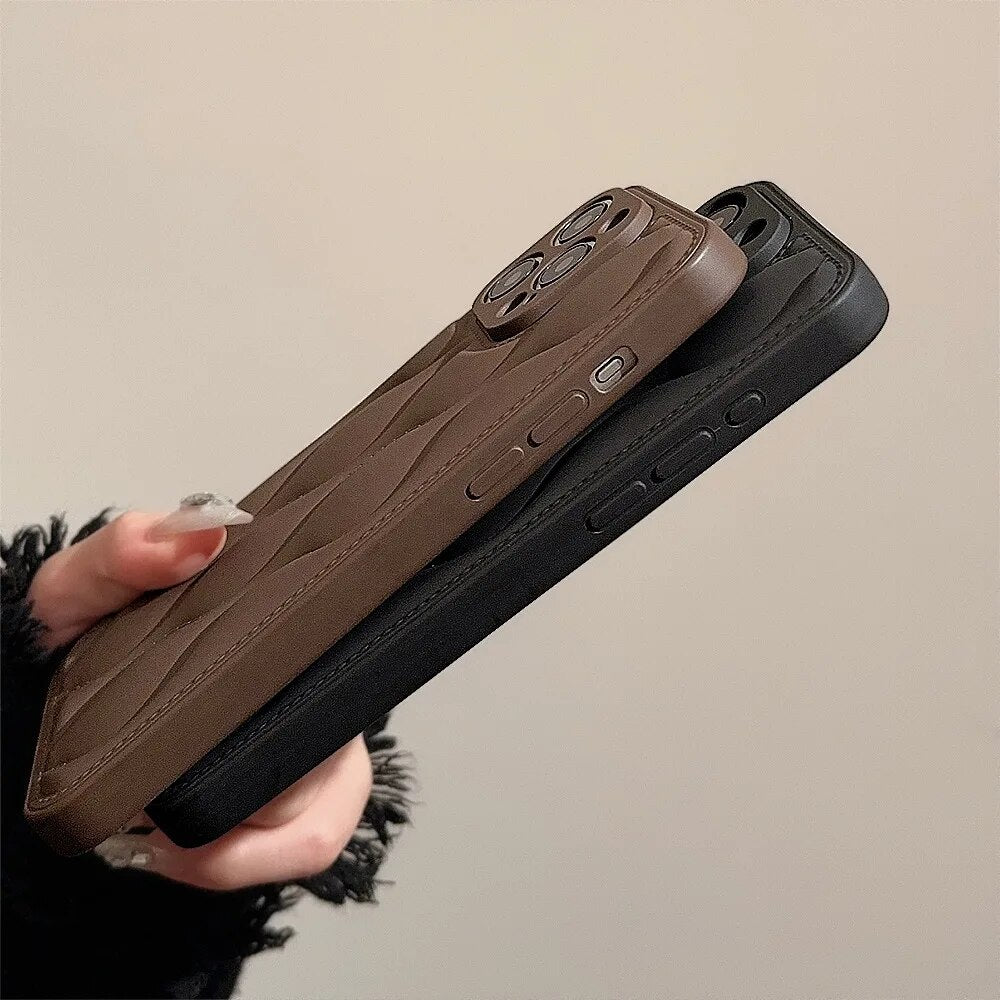 Luxury iPhone Case MagSafe Compatible Leather 3D Wave Texture Shockproof Protective Cover Silicone Bumper Camera Lens Protection Slim Design