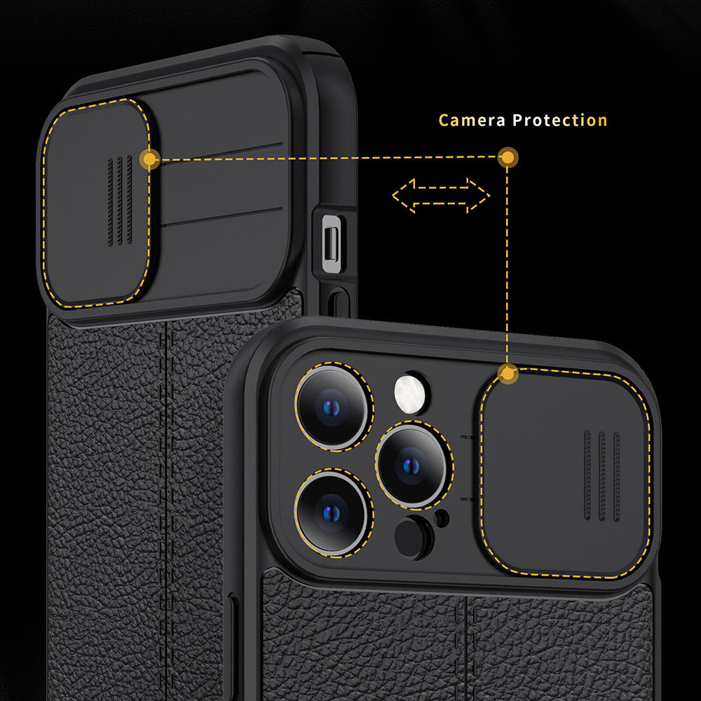 Luxury iPhone Case MagSafe Compatible Leather Texture Sliding Camera Cover Shockproof Protective Cover Camera Lens Protection Slim Design