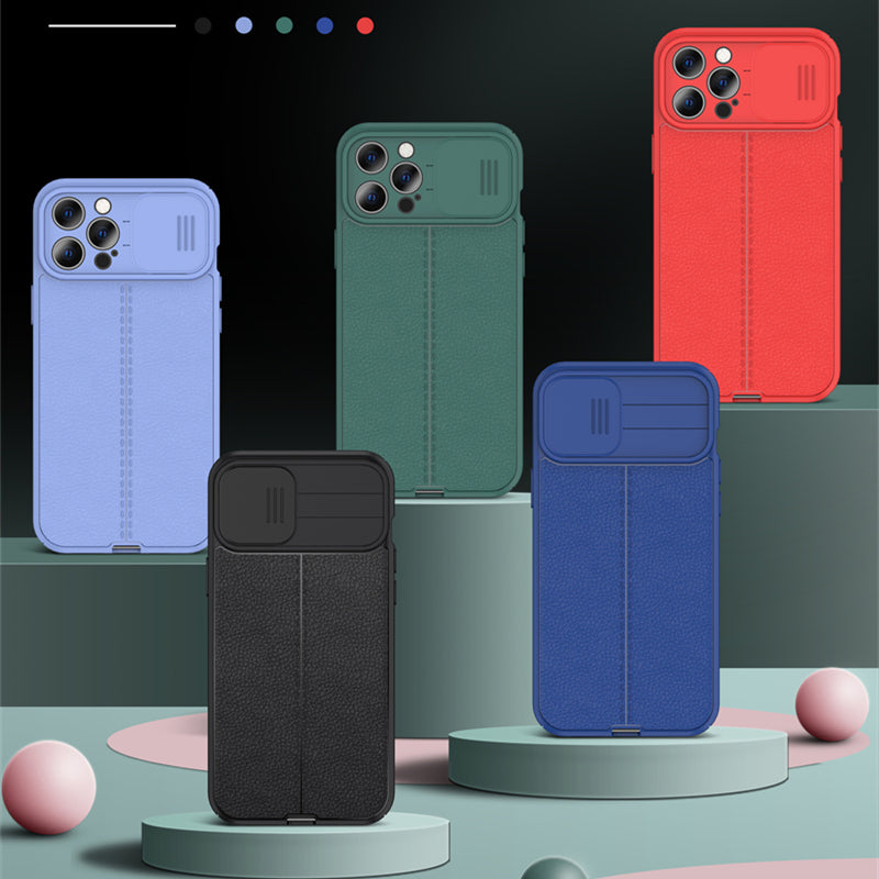 Luxury iPhone Case MagSafe Compatible Leather Texture Sliding Camera Cover Shockproof Protective Cover Camera Lens Protection Slim Design