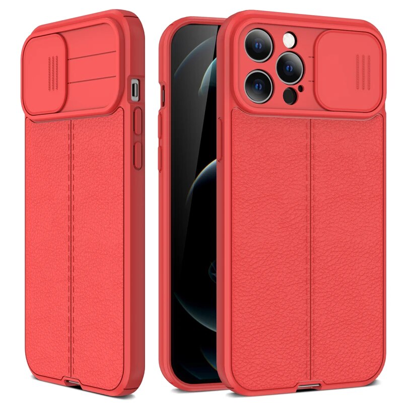 Luxury iPhone Case MagSafe Compatible Leather Texture Sliding Camera Cover Shockproof Protective Cover Camera Lens Protection Slim Design