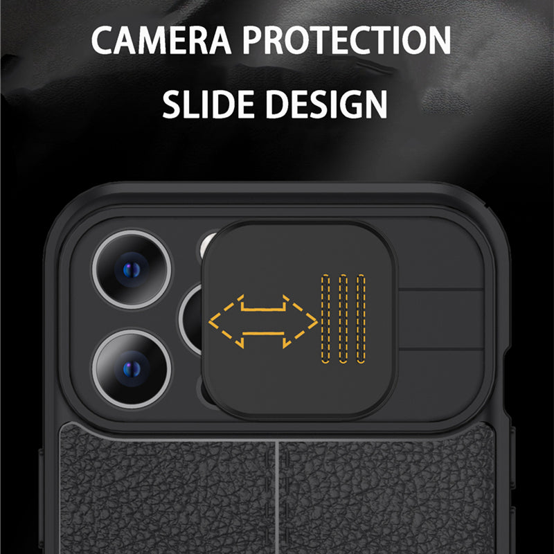 Luxury iPhone Case MagSafe Compatible Leather Texture Sliding Camera Cover Shockproof Protective Cover Camera Lens Protection Slim Design