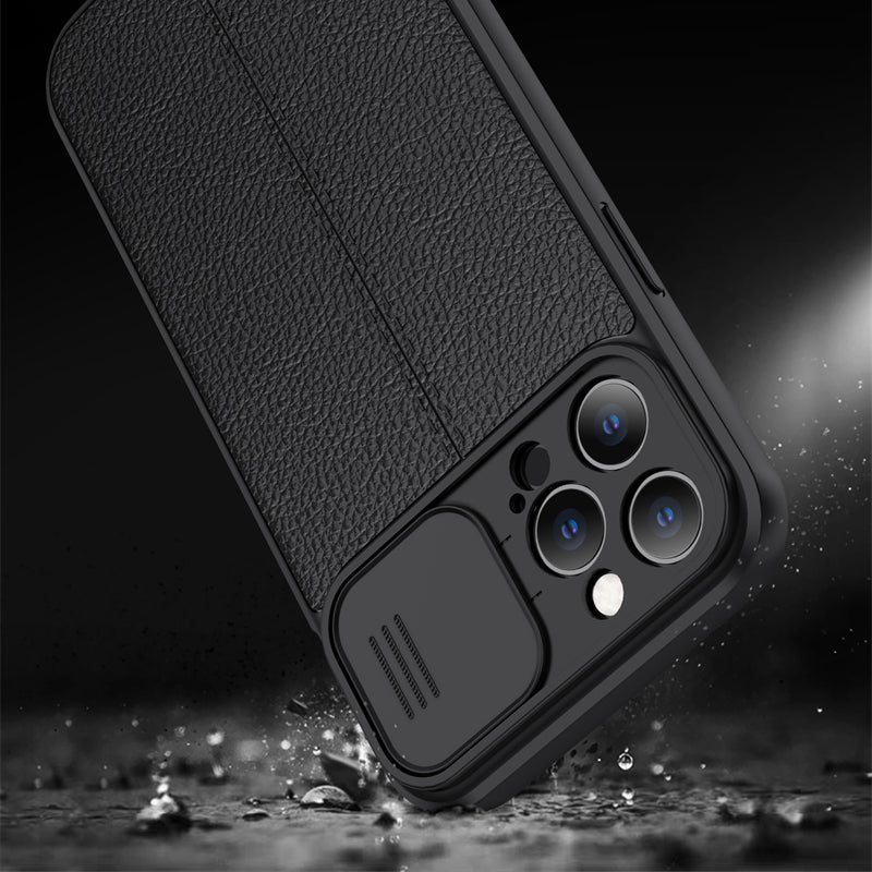 Luxury iPhone Case MagSafe Compatible Leather Texture Sliding Camera Cover Shockproof Protective Cover Camera Lens Protection Slim Design