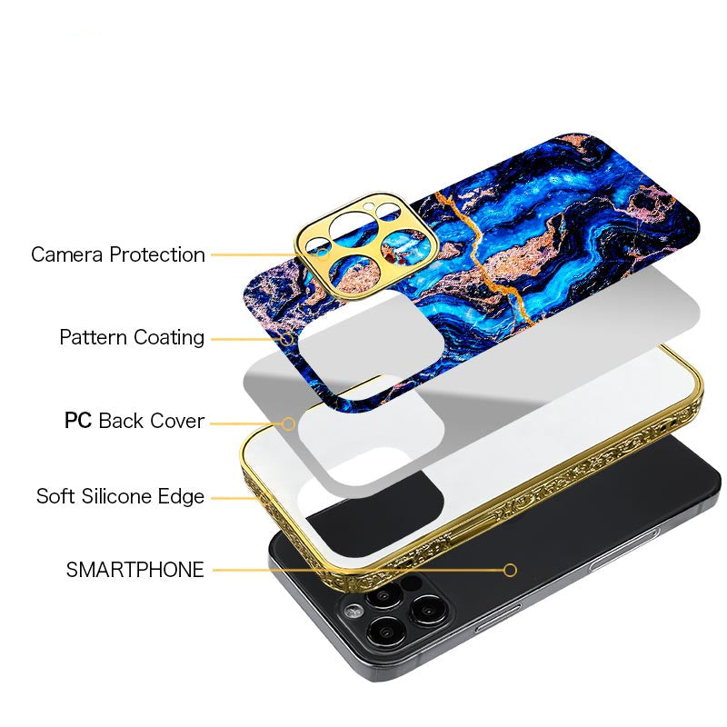 Luxury iPhone Case MagSafe Compatible Marble Texture Shockproof Protective Cover Gold Frame Design Camera Lens Protection Slim Profile