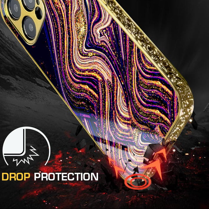 Luxury iPhone Case MagSafe Compatible Marble Texture Shockproof Protective Cover Gold Frame Design Camera Lens Protection Slim Profile