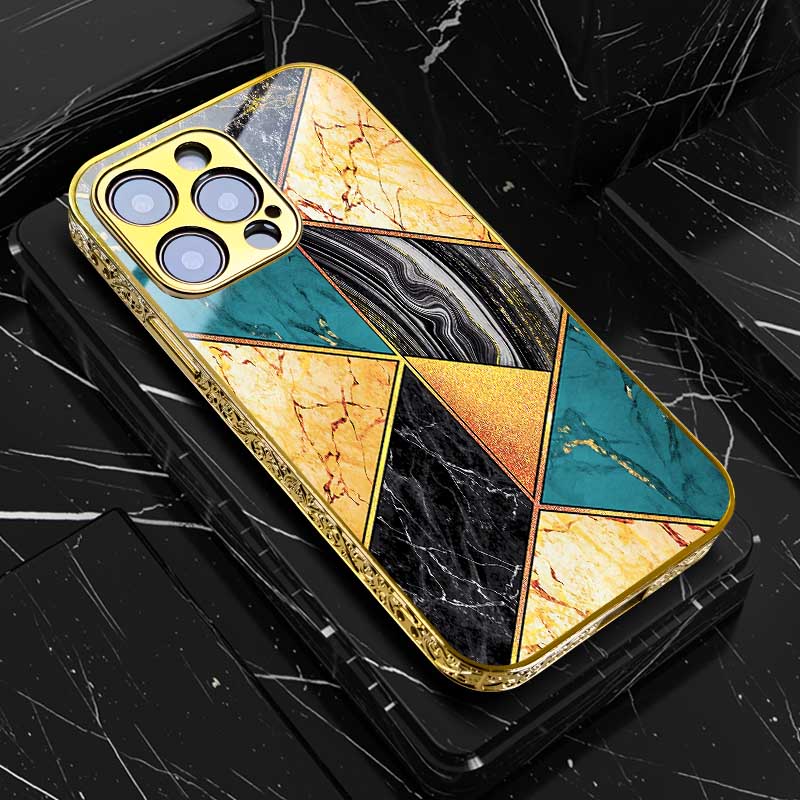 Luxury iPhone Case MagSafe Compatible Marble Texture Shockproof Protective Cover Gold Frame Design Camera Lens Protection Slim Profile